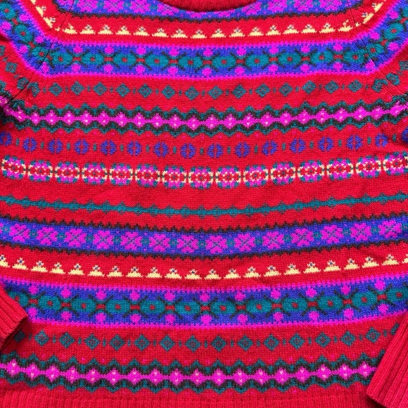 J. CREW Red Holly Fair Isle Crewneck Colorful Sweater Wool Boxy Fit Size Medium - Picture 4 of 10
